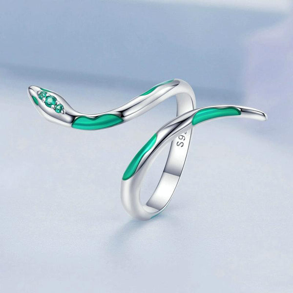 BSR328 Sterling Silver S925 White Gold Plated Oil Drop Zirconia Green Snake Ring(Open Adjustable)