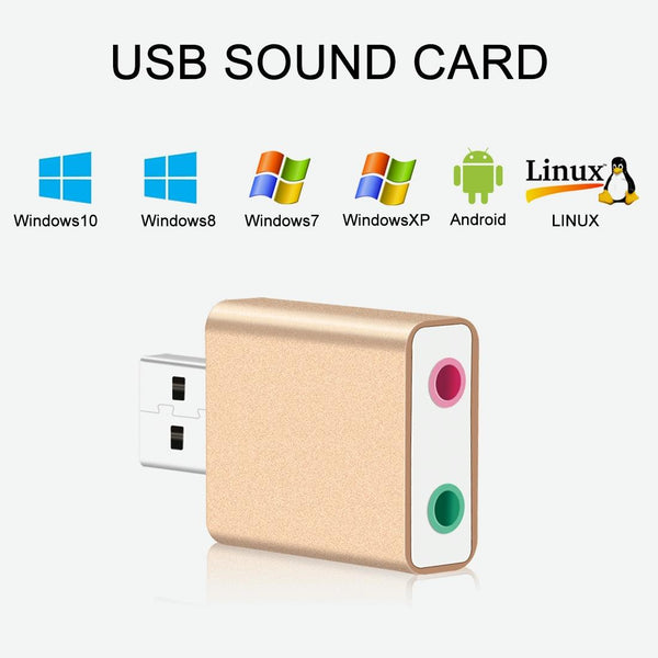Aluminum Shell 3.5mm Jack External USB Sound Card HIFI Magic Voice 7.1 Channel Adapter Free Drive for Computer, Desktop, Speakers, Headset, Microphone(Gold)