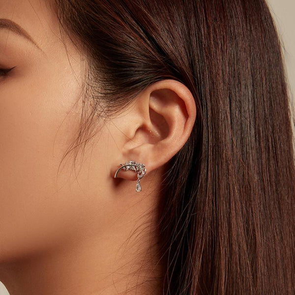 BSE747 Sterling Silver S925 White Gold Plated Feather Drop Zirconia Stud Earrings