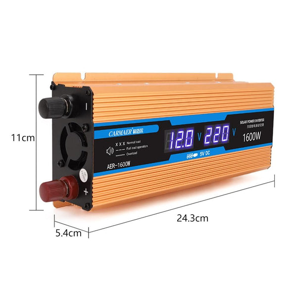 Carmaer Modified Sine Wave 12V to 220V 1600W Car Multi-function Double Digital Display Inverter Household Power Converter