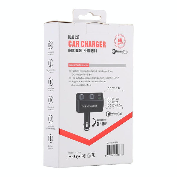 QC 3.0 Dual USB Ports 6A with 2 Socket Cigarette Lighter Splitter Car Charger