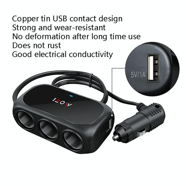 Car Charger Cigarette Lighter 1 In 3 Mobile Phone USB Car Charger(Black)