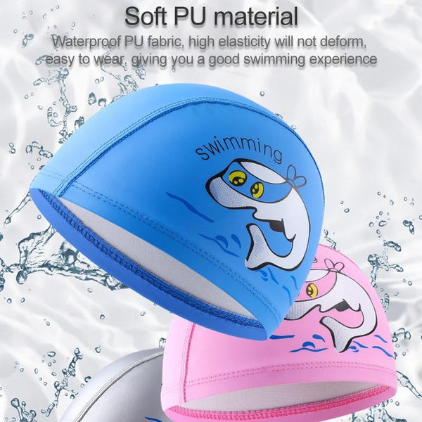 Children Swimming Cap PU Printed Cute Dolphin Pattern Elastic Swimming Cap(Sky Blue)
