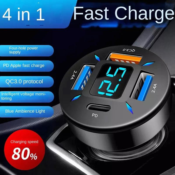 4 in 1 USB PD20W+QC3.0+2.4A Digital Display Car Fast Charger