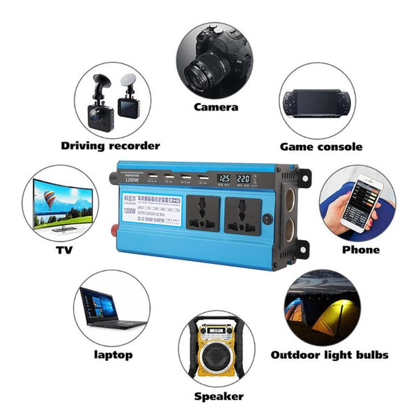 Carmaer 24V to 220V 1200W Double Cigarette Lighter Car Double Digital Display Inverter Household Power Converter