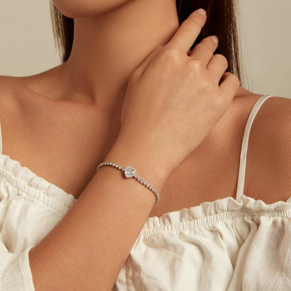 BSB098 S925 Sterling Silver Sparkling White Gold Plated Heart Zirconia Bracelet