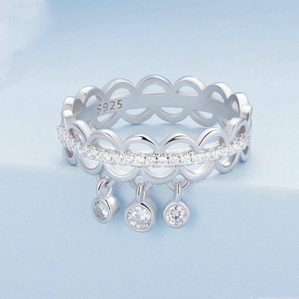 BSR367 Sterling Silver S925 Lace Tassel Platinum Plated Zircon Hollow Ring(No.6)