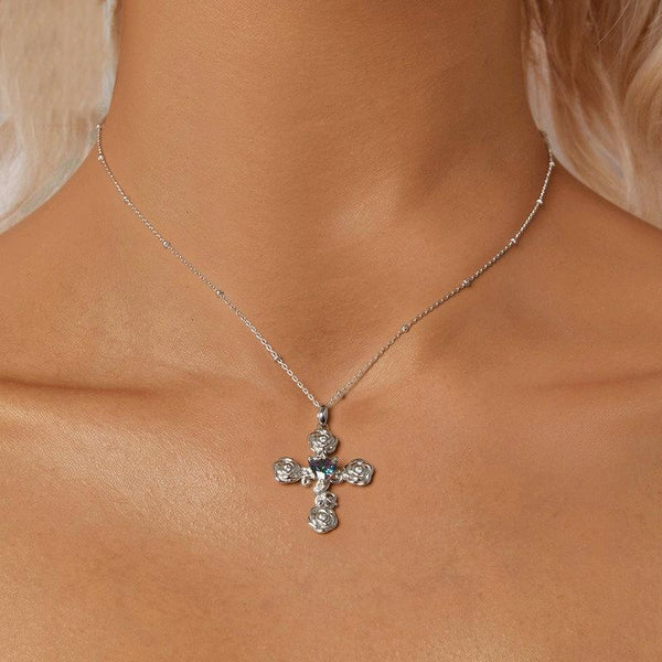 S925 Sterling Silver Platinum Plated Rose Cross Necklace For Women(BSN379)