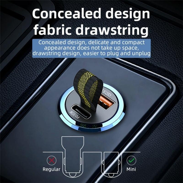 A1 QC 3.0+PD 30W Dual Car Charger Hidden Car Cigarette Lighter Phone Fast Charging Adapter