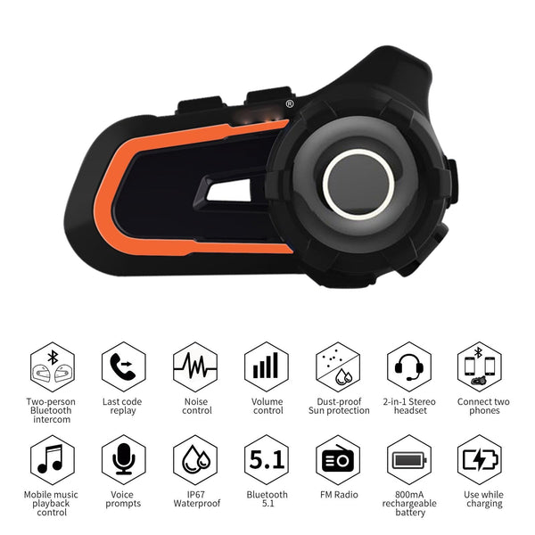 WUPP CS-1412B1 Bluetooth 5.1 S2 Motorcycle Helmet Full Duplex Bluetooth Intercom Headset Earphone(Orange)
