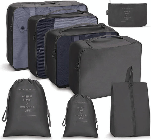 8 In 1 Beam Mouth Travel Storage Bag Set Folding Storage Bag( Black)