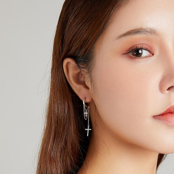 S925 Sterling Silver Long Tassel Shining Cross Women Earrings
