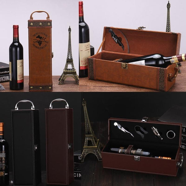 Single Red Wine Box Leather Wine Packaging Box Red With Wine Tools, Model: K16 Rivet