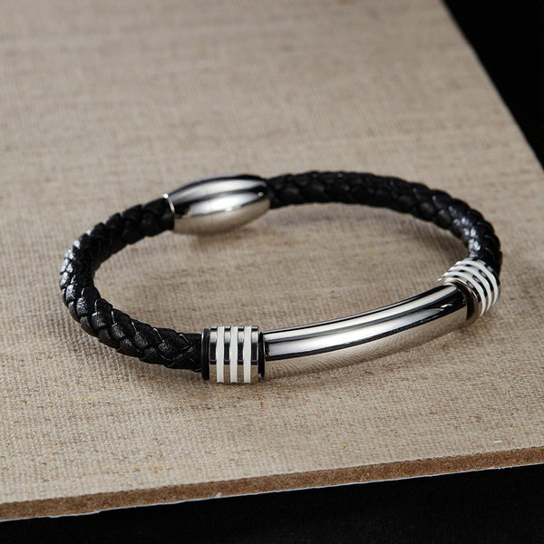 OPK PH1586 Simple Men Leather Bracelet Stainless Steel Magnetic Insert Buckle Bracelet, Color: Steel Color