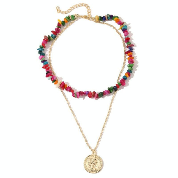 Boho Colorful Broken Natural Stone Necklace, Model: N2107-3 Color Stone Double Layer