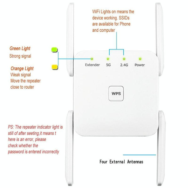 1200Mbps 2.4G / 5G WiFi Extender Booster Repeater Supports Ethernet Port White UK Plug