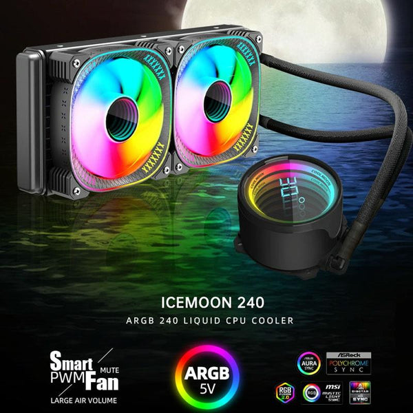 COOLMOON CM-YM-240T Digital ARGB Lens Edition Integrated Water Cooling CPU Cooler Temperature Display CPU Fan(Black)