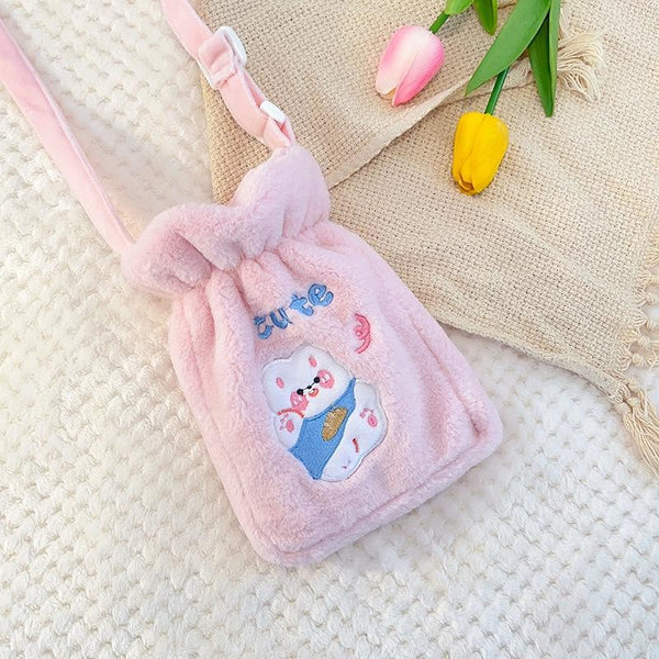 Plush Embroidery Washable Can Be Crossbody Water-Filled Warm Water Bag Pink Bunny+Strap