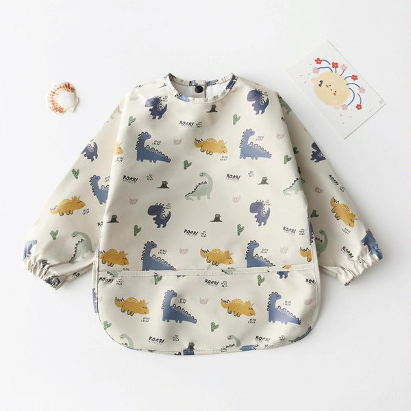 Long Sleeved Baby Bib Waterproof Washable Easy Clean Smock With Pocket, Size: L(Dinosaurs)