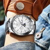 FNGEEN 5800 Men Three Eyes and Six Pins Watch Student Quartz Watch(White Steel Black Surface)