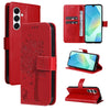 For Samsung Galaxy A26 5G Global Tree & Cat Embossed Pattern Flip Leather Phone Case(Red)