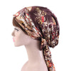 TJM-226 Ladies Satin Print Ribbon Bow Turban Hat Night Cap Silk Chemotherapy Hat Long Tail Braid Hat(Brown)