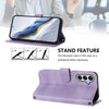 For Samsung Galaxy M14 5G Global Line Splicing Buckle Retro Leather Phone Case(Purple)