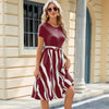 Women Spring Summer Round Neck Splicing Printed Short Sleeve Big Hem Dress, Size: S(Wine Red)