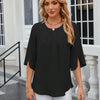 Summer Women Loose Chiffon Blouse Tops Round Neck 5 Points Sleeve Short Sleeve, Size: S(Black)