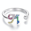 S925 Sterling Silver 26 English Letters Colorful Zircon Women Open Ring, Style:M