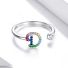 S925 Sterling Silver 26 English Letters Colorful Zircon Women Open Ring, Style:D