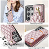 For Samsung Galaxy S22 Ultra 5G Rhombic Dual Buckle Card Slots Phone Case with Lanyard(Rose Gold)