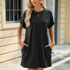 Women Spring Summer Round Neck Pocket Loose Short Sleeve Dress, Size: M(Black)