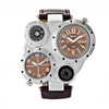 Oulm 9415 Double Time Zone Men Belt Watch Big Dial Compass Quartz Watch(Coffee)