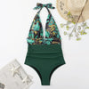 Summer One-piece Backless Lace-Up Ladies Swimsuit Floral-print Halter Bikini, Size: M(Green Leaves+Green)