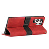 For Samsung Galaxy S22 Ultra 5G Grid Stitching Leather Phone Case with Lanyard(Red)