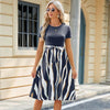 Women Spring Summer Round Neck Splicing Printed Short Sleeve Big Hem Dress, Size: L(Navy)
