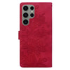 For Samsung Galaxy S23 Ultra 5G Lace Floral Embossed Magnetic Buckle PU Phone Case With Wrist Strap(Red)