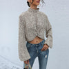 Crop Top Long Sleeve Pullover Turtleneck Leopard Shirt, Size:S(Khaki)