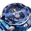 Winner Leisure Skeleton Diamond Luminous Pointer Watch Men Manual Mechanical Watch(Blue Belt Silver Shell Blue Face)