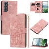For Samsung Galaxy S21 FE 5G Tulips Embossed Leather Phone Case with Lanyard(Pink)