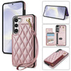 For Samsung Galaxy S23 5G Rhombic Dual Buckle Card Slots Phone Case with Lanyard(Rose Gold)