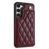 For Samsung Galaxy S23 5G Rhombic Dual Buckle Card Slots Phone Case with Lanyard(Wine Red)