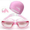 3 in 1 HD Waterproof and Anti-fog Large Frame Siamese Earplugs Swimming Goggles + Swimming Cap + Nose Clip Set for Men and Women(Pink)