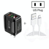 F002C QC3.0 USB + USB 2.0 LED Digital Display Fast Charger with USB to 8 Pin Data Cable, US Plug(White)