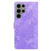 For Samsung Galaxy S23 Ultra 5G Lace Floral Embossed Magnetic Buckle PU Phone Case With Wrist Strap(Purple)