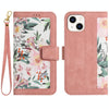 For iPhone 15 Floral Pattern Leather Phone Case with Lanyard(Pink)