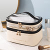 Double Layer Cosmetic Bag PU Transparent Waterproof Travel Portable Large Capacity Storage Bag(Beige)