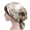 TJM-226 Ladies Satin Print Ribbon Bow Turban Hat Night Cap Silk Chemotherapy Hat Long Tail Braid Hat(Big Beige Flower)
