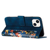 For iPhone 13 Floral Pattern Leather Phone Case with Lanyard(Dark Blue)